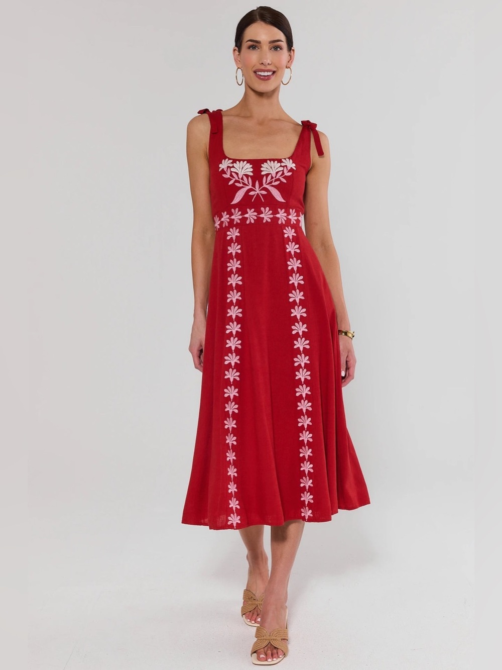 NWT Avara Nancy Red Embroidered Midi Dress - size extra small